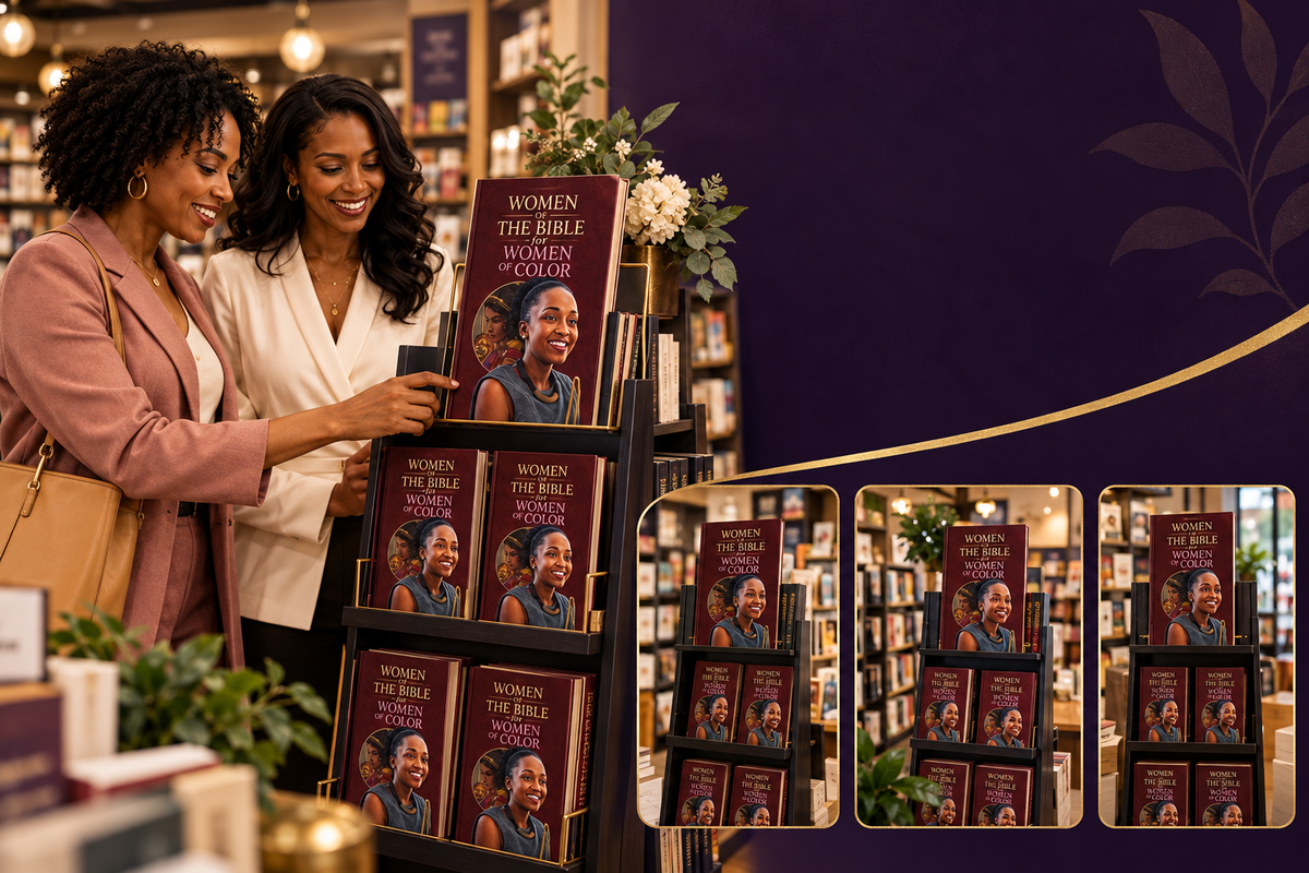 Editorial FIND HER campaign scene at a retail book display; not inventory verification.