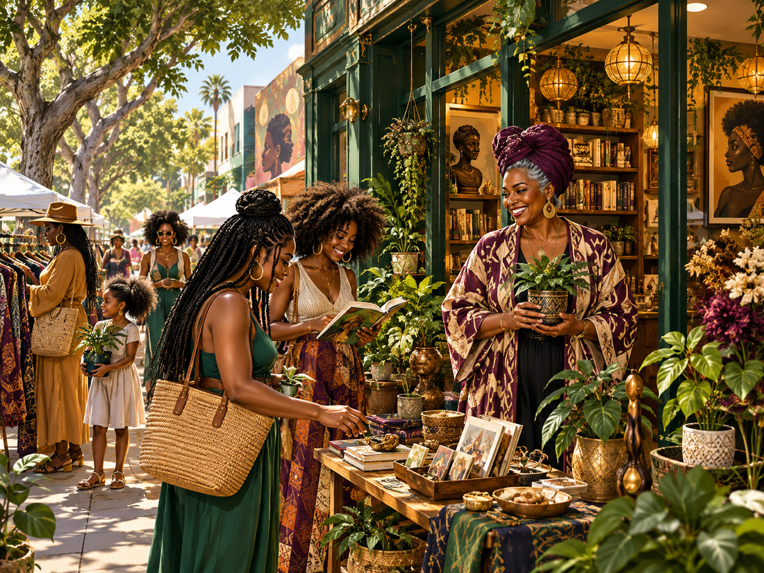 Original AI editorial illustration of an imagined Black-owned neighborhood market; not a photograph of Leimert Park or its event.