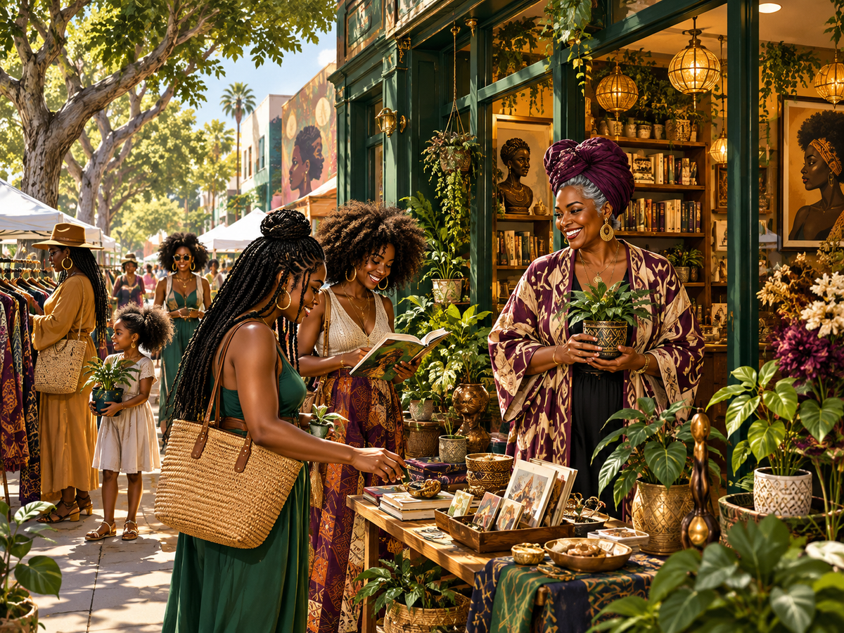 Original AI editorial illustration of an imagined Black-owned neighborhood market; not a photograph of Leimert Park or its event.
