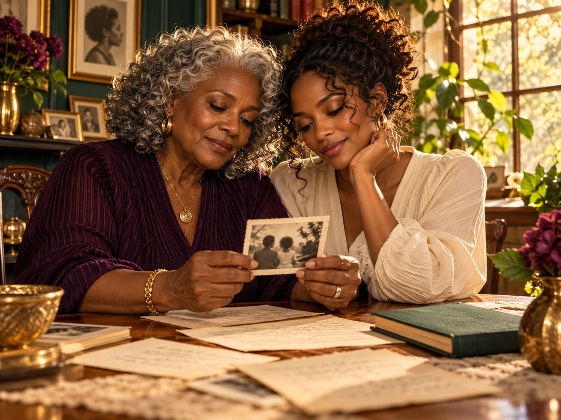 Original AI editorial illustration of an imagined mother and daughter viewing a family photo; not Tisa Bryant or her family.